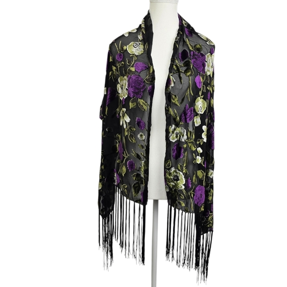 no brand Accessories - Vintage Black Velvet Burnout Floral Fringe Shawl | Wrap Boho Gothic Romantic